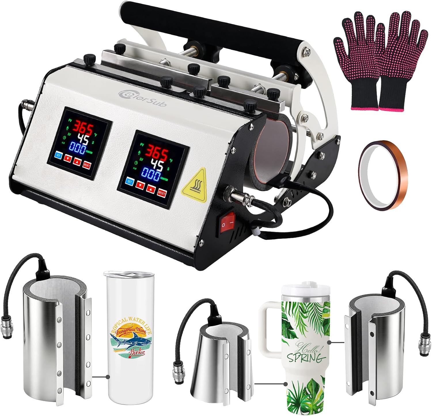 ColorSub tumbler heat press with two control panels, interchangeable heaters, heat-resistant gloves, and tape